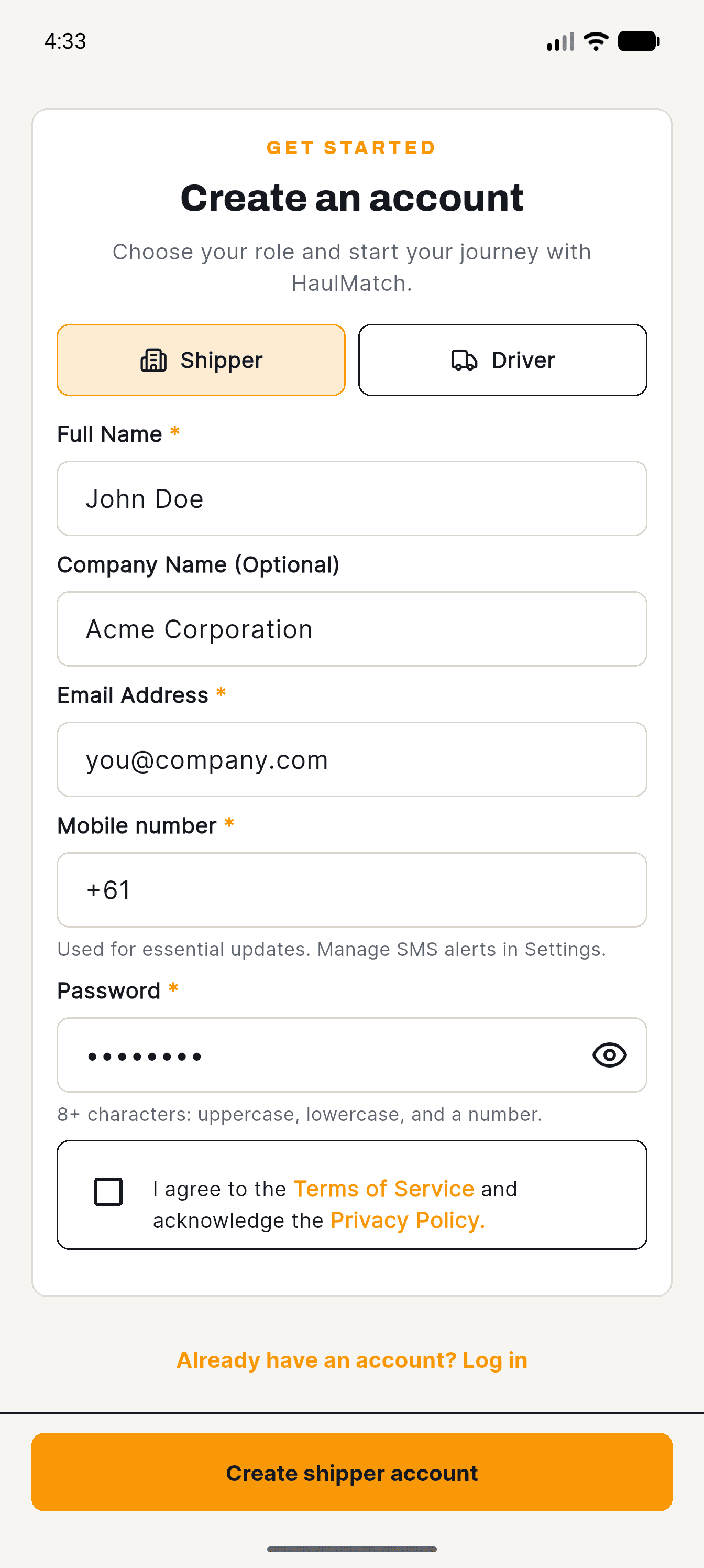 HaulMatch mobile app create-account screen, where people can choose shipper or driver